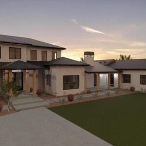 A two-story modern farmhouse with large windows and a flat metal roof glows warmly at sunset, set against a landscaped yard featuring pathways and minimalistic plants.