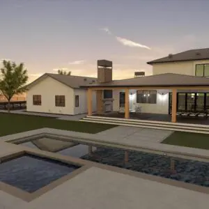 Modern farmhouse-style two-story house with a pool and patio area at sunset, featuring a built-in outdoor kitchen, lounge chairs, and landscaped yard.