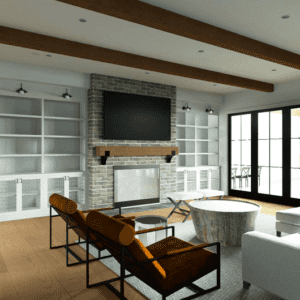 A modern farmhouse living room with white shelves and a central fireplace, topped by a TV. Wooden beams on the ceiling, large windows on the right, and a cozy seating arrangement with sofas and chairs.