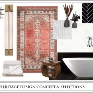 A bathroom design concept featuring a freestanding bathtub, wooden vanity, black and white tiles, and a red oriental rug from the Wordly Heritage Bath collection. Complemented by a light fixture, towels, and decor elements like plants and wall art.